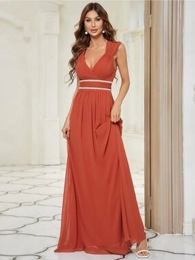 Ever Pretty Rust Orange V-Neck Maxi Gown with Embellished Waistband
